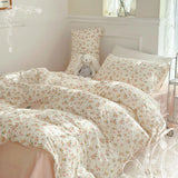 elvesmall New Floral Double Gauze 100% Cotton Bedding Set Breathable Fresh Queen Duvet Cover Set with Sheets Quilt Cover and Pillowcase