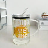 elvesmall  -  1000ml Glass Cups With Lid  And Straw Drinkware Cute Coffee Mugs Big Glasses For Drinks Water Tea  Korean Milk Juice Beer Cup