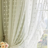 elvesmall  3D White Pompom Embroidery Tulle Modern Striped Sheer Curtains for Living Room Ruffle Design Translucent Voile Window Drapes