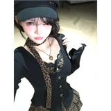 srczz  -   Sweet Hot Girl Suit Women's Autumn Long-sleeved Slim Cardigan Leopard Print A-line Skirt Two-piece Set Fashion Female Clothes