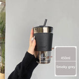 elvesmall  -  350/450ml Coffee Straw Cup With Lid Heat-Resistant Water Bottle Beer Drinkware Coffee Mug With Straw Deer Printed Leather Glass