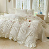 elvesmall Korean Style Bed Set Seersucker Flower Embroidery Four Piece Set With Lace Bed Flat Sheet Pillowcase Duvet Cover Set Textiles