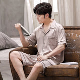 elvesmall  Summer Men's Pajamas Suit Short Sleeve Ice Silk Sleepwear Set Thin Loose Satin Solid Two Piece Home Night Clothing Male Teen