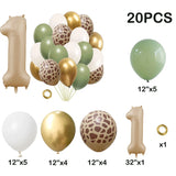elvesmall 20pcs Jungle Animal Theme Party Sage Green Balloon Caramel Number 0-9 Foil Balloons Happy Birthday Party Baby Shower Decoration