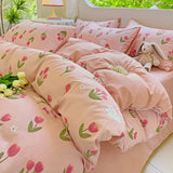 elvesmall Botanical Floral Duvet Cover Single/Queen, Washed Cotton Garden Flower Pattern Comforter Cover 3Pcs Reversible Pink Bedding Set