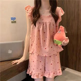 elvesmall  Heart Print Women Pajamas Sets for Home Summer Sleepwear Shorts Sleeve 2 Pieces Night Wears Korean Square Collar Home Suit