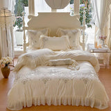 elvesmall Beige Egyptian Cotton Bedding Sets Luxury Princess Chiffon Lace Bedclothes Rose Embroidery Duvet Cover Bed Sheet Pillowcases
