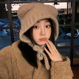 elvesmall Cute Girl Knit Ear Protection Hat Bear Women Earmuffs Cap Woolen Crochet Bonnet Solid Color Hood Beanies Winter Warm Headgear