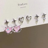 elvesmall 6pcs/set Women Silver Color Y2K Pink Crystal Heart Stud Earring Korean Trendy Punk Sweet Cool Bow Star Earring Aesthetic Jewelry