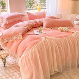 elvesmall Winter Bedding Set Thick Double Sided Milk Velvet  Lace Coral Velvet  Meeting Set Bed Sheet Duvet Cover Set Comforter Set Warm