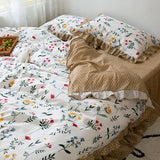 elvesmall Korean Ruffle Lace Bed Skirt Set Botanical Floral Strawberry Duvet Cover with 2 Pillowcase Soft Microfiber Bedding Set Full Size