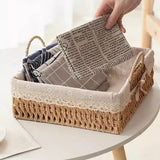 elvesmall Handwoven Storage Baskets Sundries Organizer with Lid Rectangular Cosmetics Box Clothes Laundry Basket Towel Toys Container