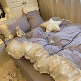 elvesmall Korea Princess Purple Bedding Sets Bed Sheet Pillowcases Duvet Cover 3/4 Pieces Home Decoration Washed Cotton Flat Sheet Set