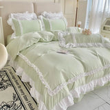 elvesmall Korean Ins Bedding Set, Luxury Quilt Cover, Pillowcase Flat Bed Sheets, Simple Girl Princess Ruffle Home Textiles