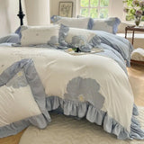 elvesmall  Korean Princess Bedding Set Washed Cotton Bed Set Embroidery Duvet Cover Set Bed Sheets and Pillowcases Home Textiles Decor