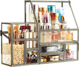 elvesmall Hersoo Glass Antique Brass Stackable Drawer Set Makeup Organizer for Vanity Antique Countertop Vanity Cosmetic Storage Box