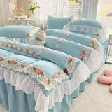 elvesmall Princess Style Korean Bed Skirt Bed Sheet Embroidered Ruffle Lace Quilt Cover Ins Bedding For Girls Luxury Home Textiles