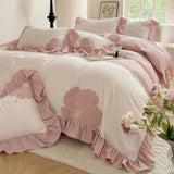 elvesmall  Korean Princess Bedding Set Washed Cotton Bed Set Embroidery Duvet Cover Set Bed Sheets and Pillowcases Home Textiles Decor