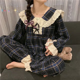 elvesmall Plaid Sleepwear Women Pajama Sets Korean Pants Sets 2 Pieces Lace Piiama Style Full Sleeve Spring Night Wears Bow Home Suit