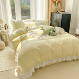elvesmall Chic Ruffle Lace Duvet Cover Set for Girl Yellow Princess Comforter Cover 3 Piece Bedding with Zipper Closure Soft Bedroom Decor