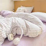 elvesmall Stripe Bedding Linen with Pillowcase Sheet Single Full Queen Size Bedspread Soft Seersucker Duvet Cover for 1.5m 1.8m 2.0m Bed