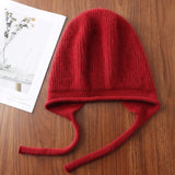 elvesmall 100%Pure Wool Women's Winter Knitted Hats Cute Lace-up Students Pullover Hat Autumn Winter Warm Windproof Earflap Beanies Female