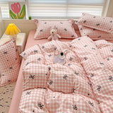 elvesmall Ins Princess Blue Grid Duvet Cover with Bowknot Pillowcase Bed Sheet Kids Girls Bedding Set Full Size Cute Kawaii Bedclothes