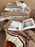 elvesmall  Korean Princess Pure Cotton Yarn Bedding Set with Lace Edge Winter Thickened Warm Plaid Ruffled Edge Duvet Cover Sets Soft 4pcs