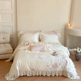 elvesmall  Luxury Princess Wedding Bedding Set 1000TC Egyptian Cotton Flowers Embroidery Lace Ruffles Duvet Cover Set Bed Sheet Pillowcases