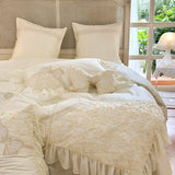 elvesmall High End Chiffon Lace Flowers Bedding Sets Egyptian Cotton Beige Bow Embroidery Princess Duvet Cover Bed Sheet Pillowcases