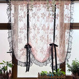 elvesmall Pink Floral Roman Curtain for Bay Window Sheer Lifting Drape With Black Lace Kitchen Home Decoration Blinds #E
