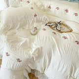 elvesmall French Romantic Lace Bubble Gauze Bedding Set Queen Elegant Princess Style Embroidered Duvet Cover Set Ruffled Quilt Cover Sets