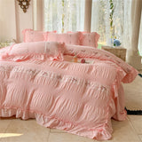 elvesmall Korean Style Bed Set Seersucker Flower Embroidery Four Piece Set With Lace Bed Flat Sheet Pillowcase Duvet Cover Set Textiles