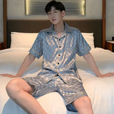elvesmall  Pajamas Men Summer Short Sleeved Ice Silk Thin Breathable Homewear Set Male Sleep Cloth Suit Gentlemen Satin Nightwear Youth Boy