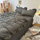 elvesmall Euro Solid Color Ruffle Bedding Sets Girl Couple Fluffy Queen Duvet Cover With Bed Skirt Pillowcase Bedroom Comfort 4 Pieces Set