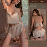 elvesmall  2 piece Sleeveless Sleepwear set Sexy charm Bifurcated Nightwear Ice Silk Breath Nightgown Lounge Camisole Home Suit Lingerie