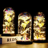 elvesmall  LED Enchanted Galaxy Rose Eternal 24K Gold Foil Flower With Fairy String Lights In Dome For Christmas Valentine's Day Gift