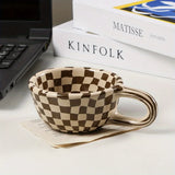 elvesmall 1pc 200ml Coffee Mug Ceramic Coffee Cups Brown Plaid Pattern Water Cups Summer Drinkware Kitchen Stuff Home Kitchenware Gifts