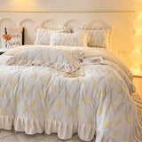 elvesmall  New Bedding Set High Weight Carved Milk Flour Set Girl Ruffle Bed Tulip Thicken Warm Quilt Cover Sheet Pillowcase Decor Bedroom