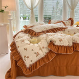 elvesmall Fashion Flower Bedding Set Bed Sheet Cute Princess AB Double Sided Ruffle Flower Quilt Cover Pillowcase Bedclothes Home Textiles