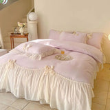 elvesmall Chic Ruffle Lace Edge Sweet Princess Style Nature Soft Skin Friendly 4pcs Bedding set Bed Sheet Pillowcases Twin Queen King