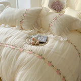 elvesmall  France Romantic Princess Bedding Set Yellow Chiffon Lace Flowers Embroidery Quilt Cover Bed Sheet Pillowcases Home Textile