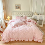 elvesmall  100% Cotton Korean Princess Solid White Bedding Sets Ruffle Bedspread Flower Embroidered Duvet Cover Bed Skirt Pillowcases