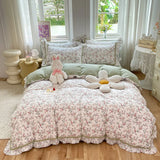 elvesmall French Country Style Princess Bedding Set, 100% Cotton, Floral Ruffled Edge, Duvet Cover, Flat, Fitted Bed Sheet, Pillowcases