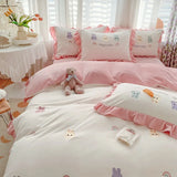 elvesmall Small Fresh Lace Embroidery Thickened Milk Flour Four Piece Set Of Farai Flour Winter Quilt Covers, Bed Sheets, Warm Bedding