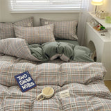 elvesmall Japan Style Bedding Set Plaid Queen Size Duvet Cover Set With Sheets Bedroom Decor Skin Friendly King Single Double Bedding Sets