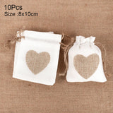 elvesmall 10Pcs Natural Linen Burlap Bag Heart Jute Drawstring Candy Gifts Packaging Bags For Wedding Birthday Party Decor Jewelry Pouches