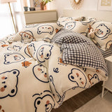 elvesmall Quilt Cover Pillowcase Bed Sheet Set Winter Thickening Warm Milk Velvet Four-piece Plant Flower Print Flannel Bedding Set