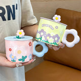 elvesmall  -  Ceramic Mug with Lid Handle, Cartoon Flower, Office, Home, Water Cup, Simple, Cute Couple, Breakfast Milk Coffee Cup Ins Fashion