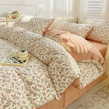 elvesmall Water Washed Cotton Bedding Set Duvet Cover Bed Sheet Pillowcase Printed Four Piece Set Quilt Cover Bedroom Bed Sets King Size